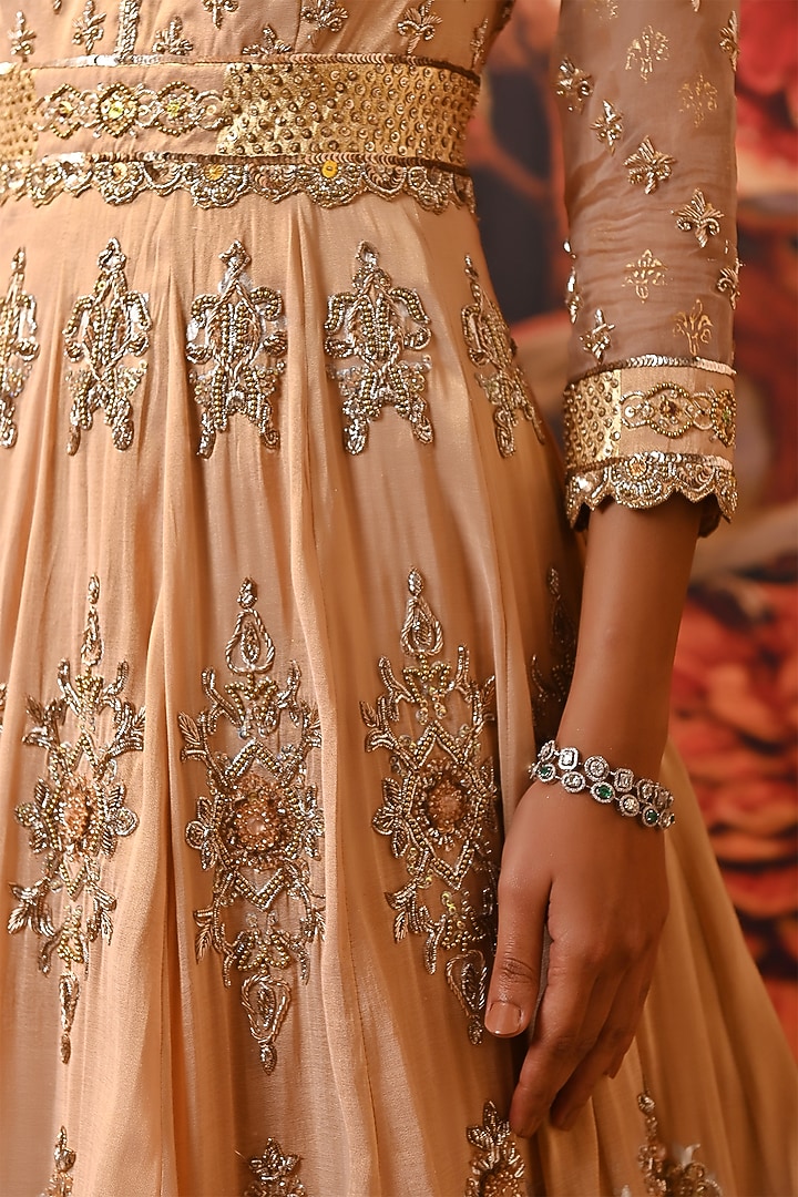 Blush Pink Pure Silk Organza Printed & Embroidered Bridal Anarkali Set by MOLEDRO at Pernia's Pop Up Shop