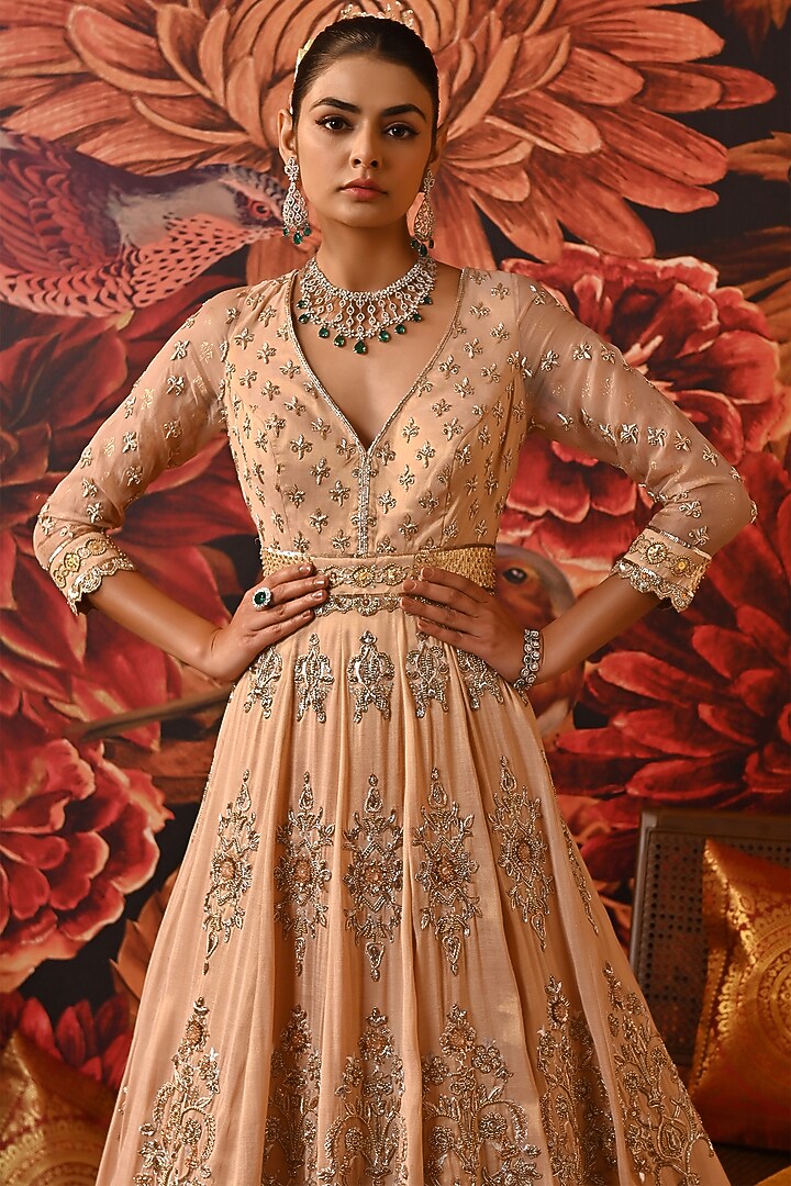 Blush Pink Pure Silk Organza Printed & Embroidered Bridal Anarkali Set by MOLEDRO at Pernia's Pop Up Shop