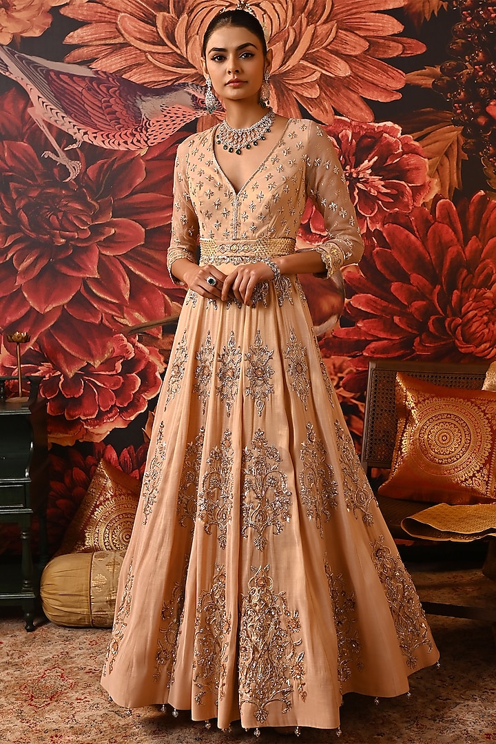 Blush Pink Pure Silk Organza Printed & Embroidered Bridal Anarkali Set by MOLEDRO at Pernia's Pop Up Shop