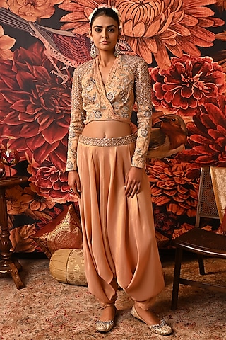 Peach Banarasi Brocade Embroidered Wrapped Jacket Set by MOLEDRO