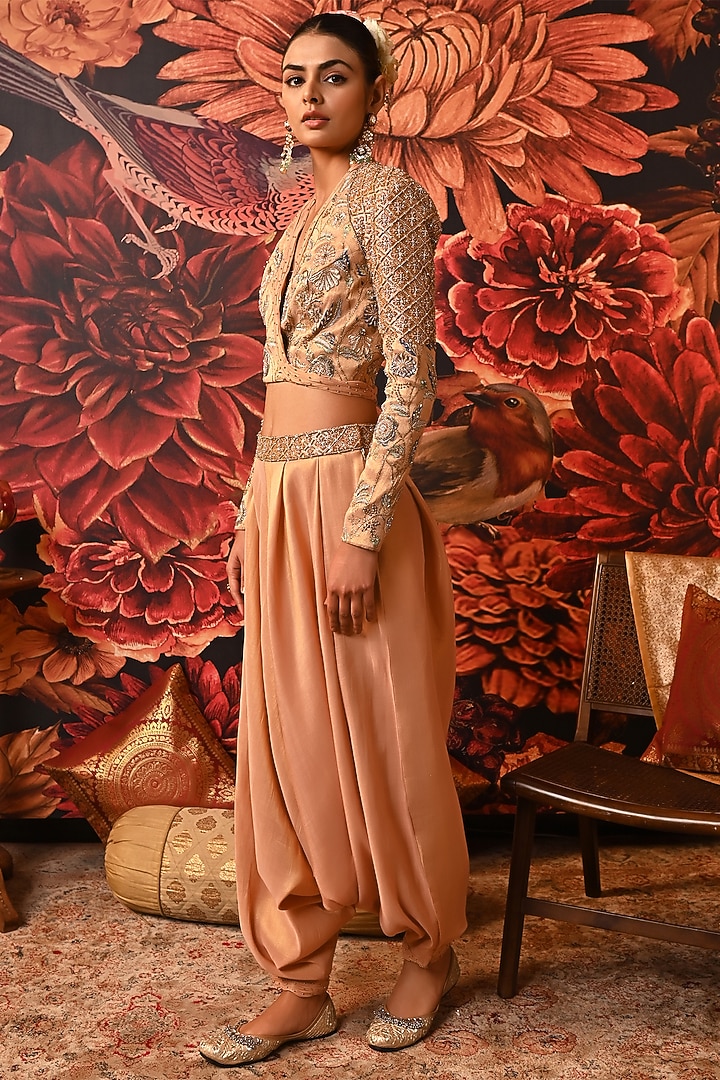 Peach Banarasi Brocade Embroidered Wrapped Jacket Set by MOLEDRO at Pernia's Pop Up Shop