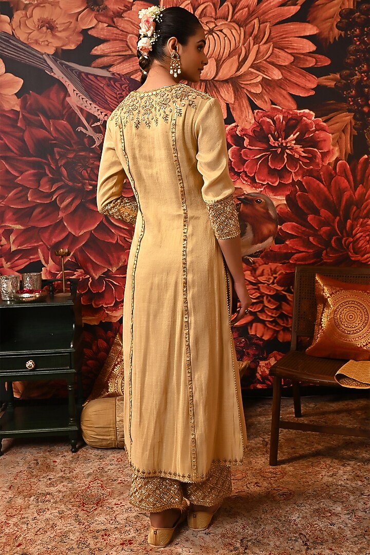 Gold Zari Brocade Printed & Embroidered Kurta Set by MOLEDRO at Pernia's Pop Up Shop