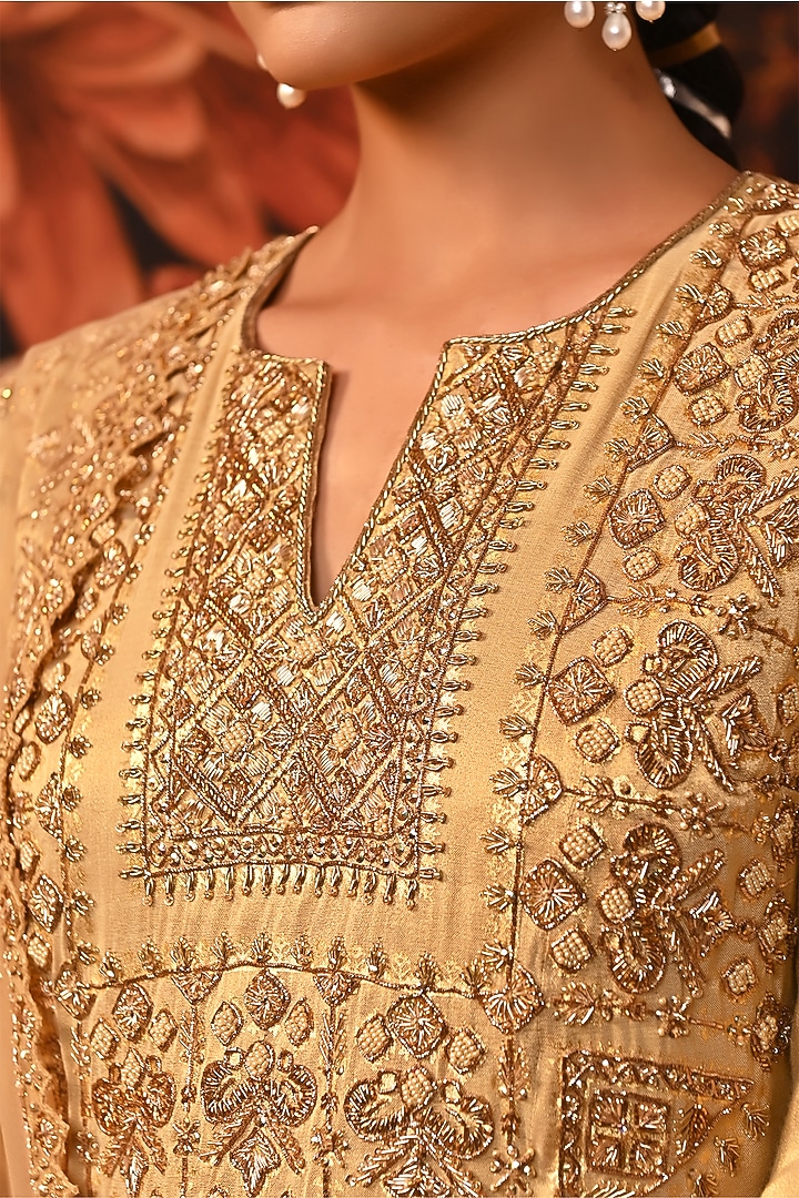 Gold Zari Brocade Printed & Embroidered Kurta Set by MOLEDRO at Pernia's Pop Up Shop