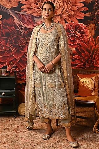 Pista Green Zari Brocade Printed & Embroidered Kurta Set by MOLEDRO