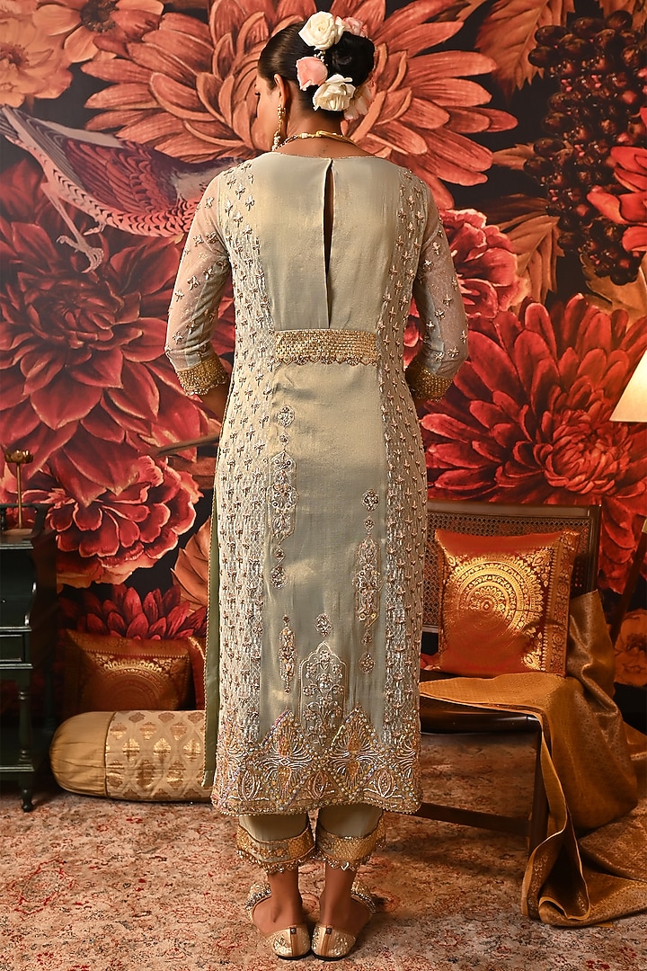 Pista Green Zari Brocade Printed & Embroidered Kurta Set by MOLEDRO at Pernia's Pop Up Shop