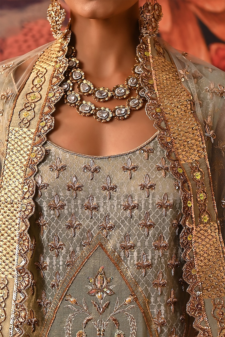 Pista Green Zari Brocade Printed & Embroidered Kurta Set by MOLEDRO at Pernia's Pop Up Shop