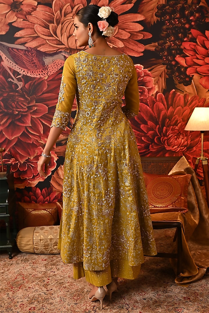 Lime Green Zari Brocade Printed & Embroidered Kurta Set by MOLEDRO at Pernia's Pop Up Shop