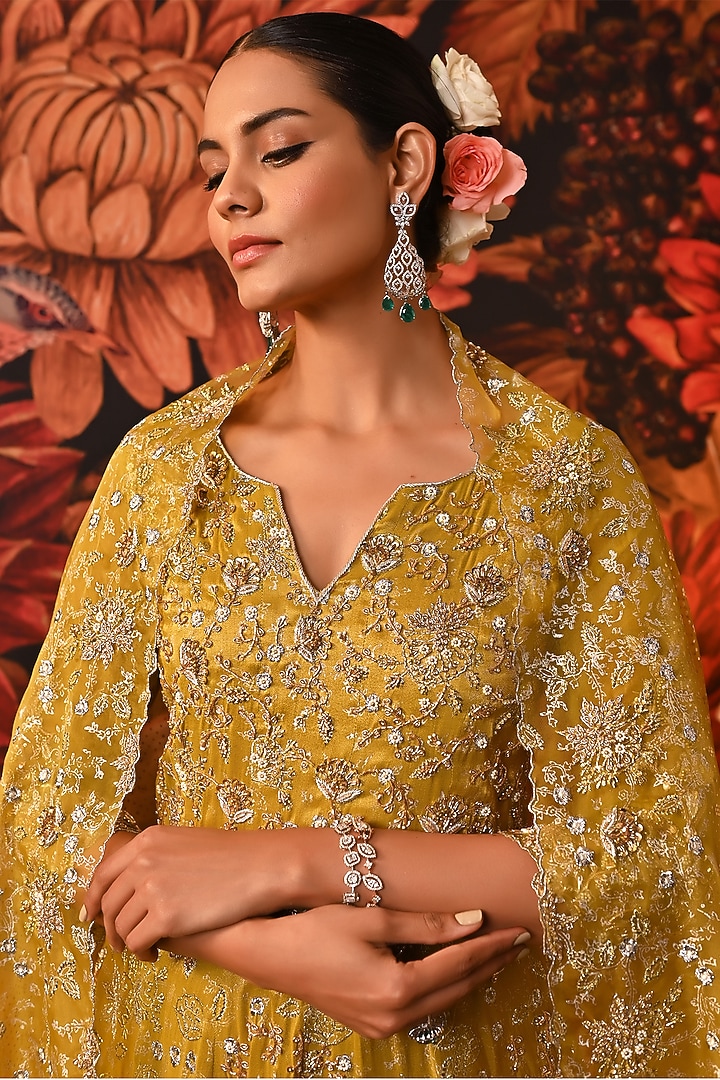 Lime Green Zari Brocade Printed & Embroidered Kurta Set by MOLEDRO at Pernia's Pop Up Shop
