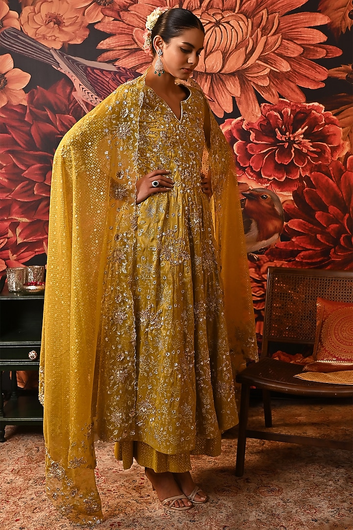 Lime Green Zari Brocade Printed & Embroidered Kurta Set by MOLEDRO at Pernia's Pop Up Shop