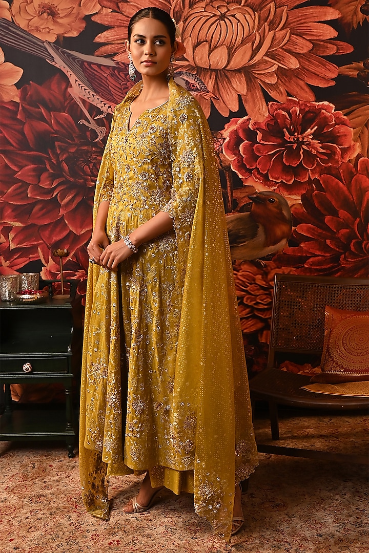 Lime Green Zari Brocade Printed & Embroidered Kurta Set by MOLEDRO at Pernia's Pop Up Shop