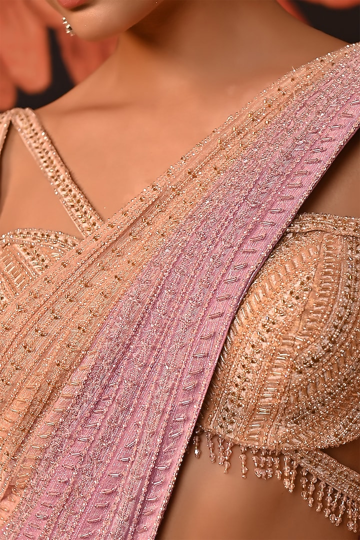 Lavender & Peach Lurex Embroidered Pre-Draped Wedding Saree Set by MOLEDRO at Pernia's Pop Up Shop
