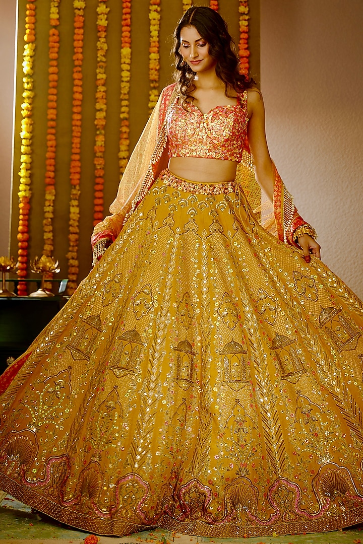 Amber Yellow Embroidered Wedding Lehenga Set by Moledro at Pernia's Pop Up Shop