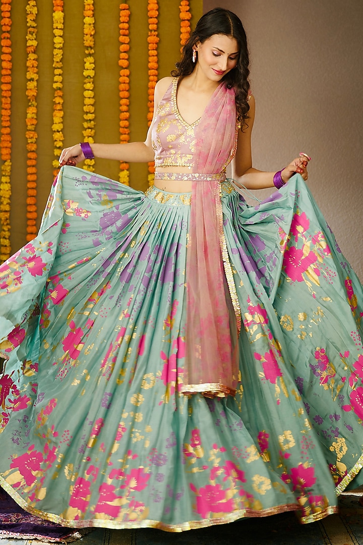 Powder Blue Embroidered Wedding Lehenga Set by Moledro at Pernia's Pop Up Shop