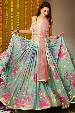 Powder Blue Embroidered Lehenga Set by Moledro