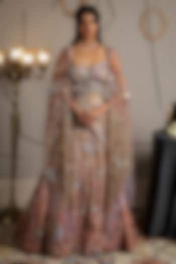 Taupe Organza Hand Embroidered Bridal Lehenga Set by Moledro at Pernia's Pop Up Shop
