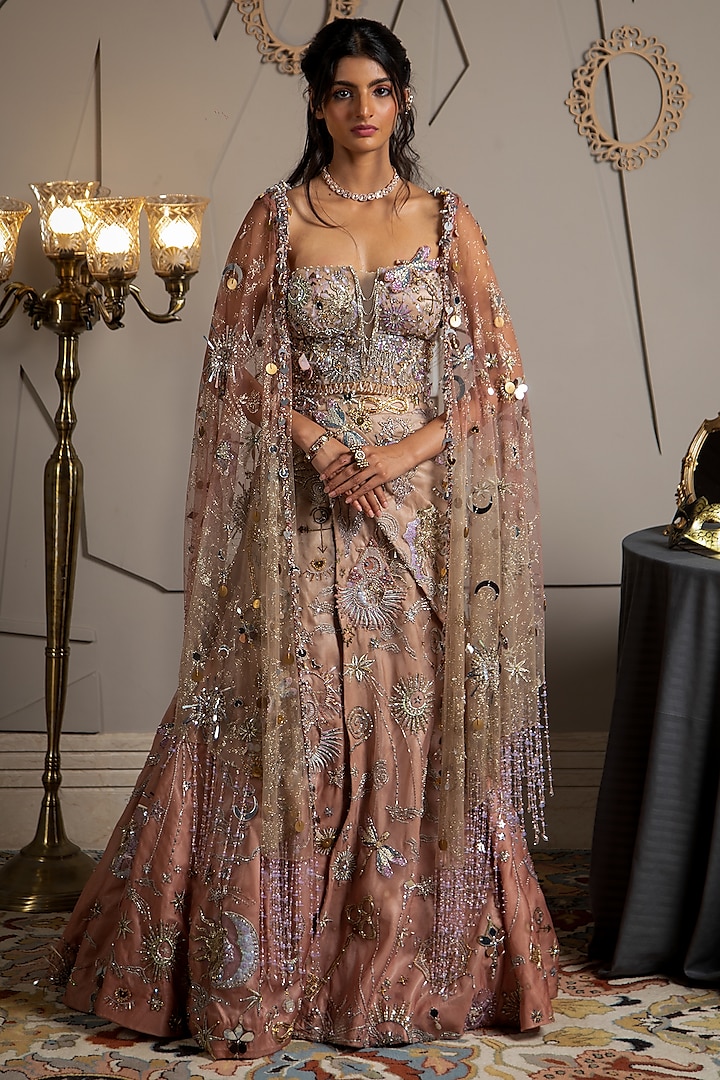 Taupe Organza Hand Embroidered Bridal Lehenga Set by Moledro at Pernia's Pop Up Shop