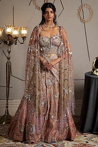 Taupe Organza Hand Embroidered Lehenga Set by Moledro