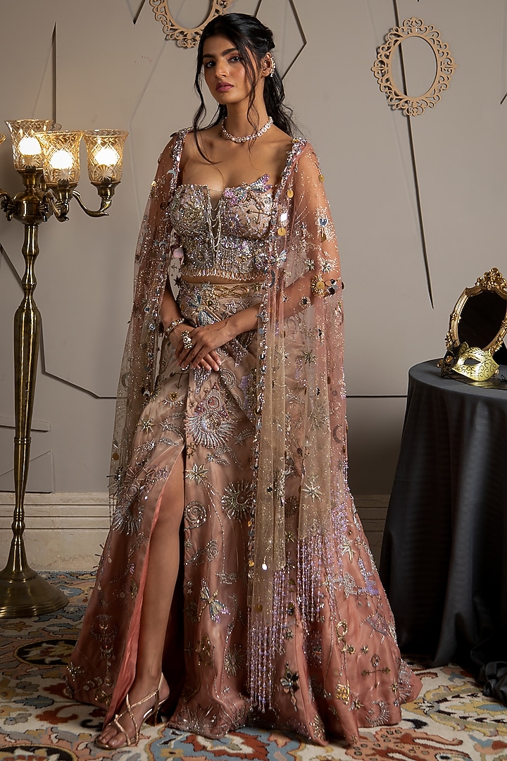 Taupe Organza Hand Embroidered Bridal Lehenga Set by Moledro at Pernia's Pop Up Shop