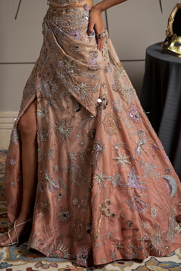 Taupe Organza Hand Embroidered Bridal Lehenga Set by Moledro at Pernia's Pop Up Shop