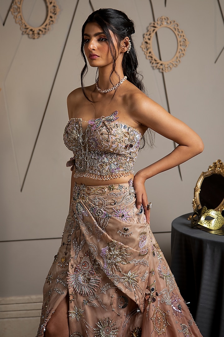 Taupe Organza Hand Embroidered Bridal Lehenga Set by Moledro at Pernia's Pop Up Shop