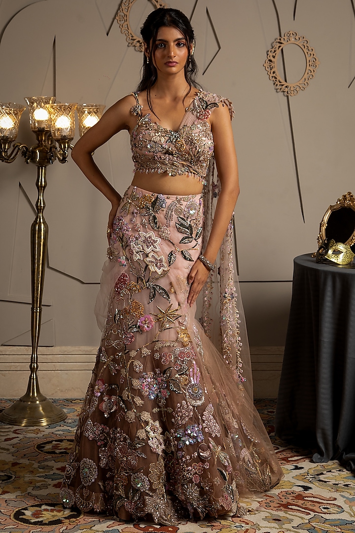 Taupe & Pink Shimmer Net Floral Embroidered Mermaid Bridal Lehenga Set by Moledro at Pernia's Pop Up Shop
