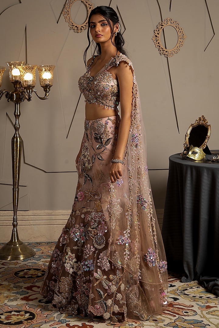 Taupe & Pink Shimmer Net Floral Embroidered Mermaid Bridal Lehenga Set by Moledro at Pernia's Pop Up Shop
