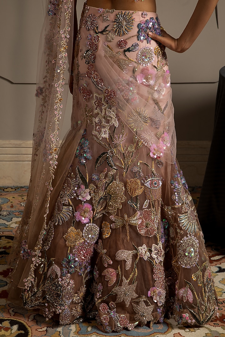 Taupe & Pink Shimmer Net Floral Embroidered Mermaid Bridal Lehenga Set by Moledro at Pernia's Pop Up Shop
