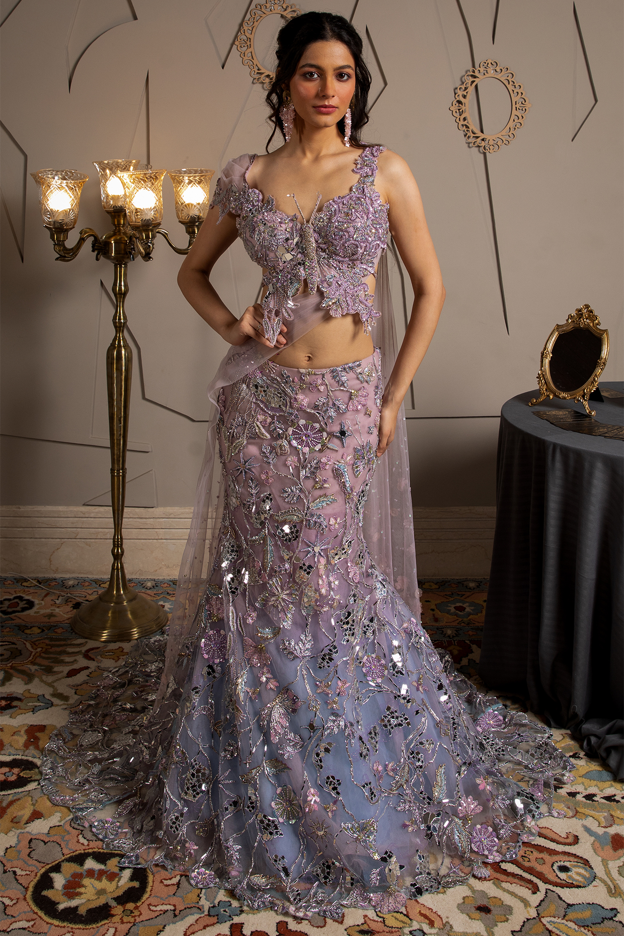 Blue & Orchid Tint Shimmer Net Hand Embroidered Bridal Lehenga Set by Moledro at Pernia's Pop Up Shop