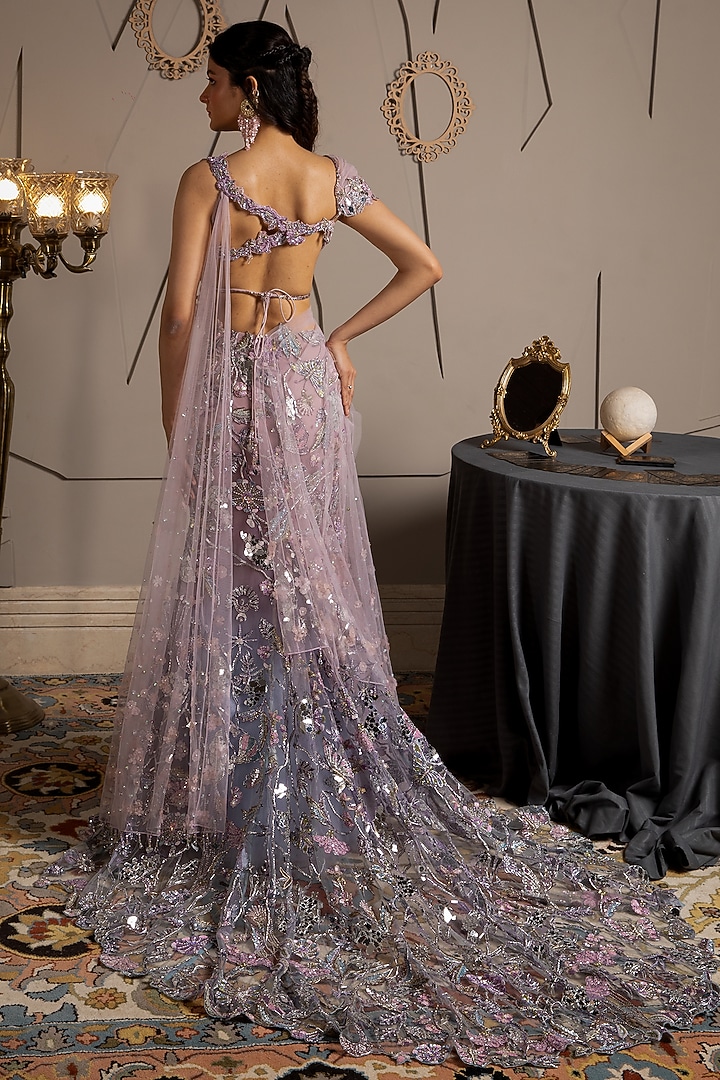 Blue & Orchid Tint Shimmer Net Hand Embroidered Bridal Lehenga Set by Moledro at Pernia's Pop Up Shop