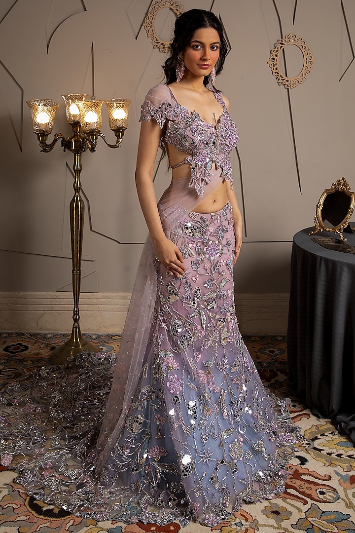 Blue & Orchid Tint Shimmer Net Hand Embroidered Bridal Lehenga Set by Moledro at Pernia's Pop Up Shop
