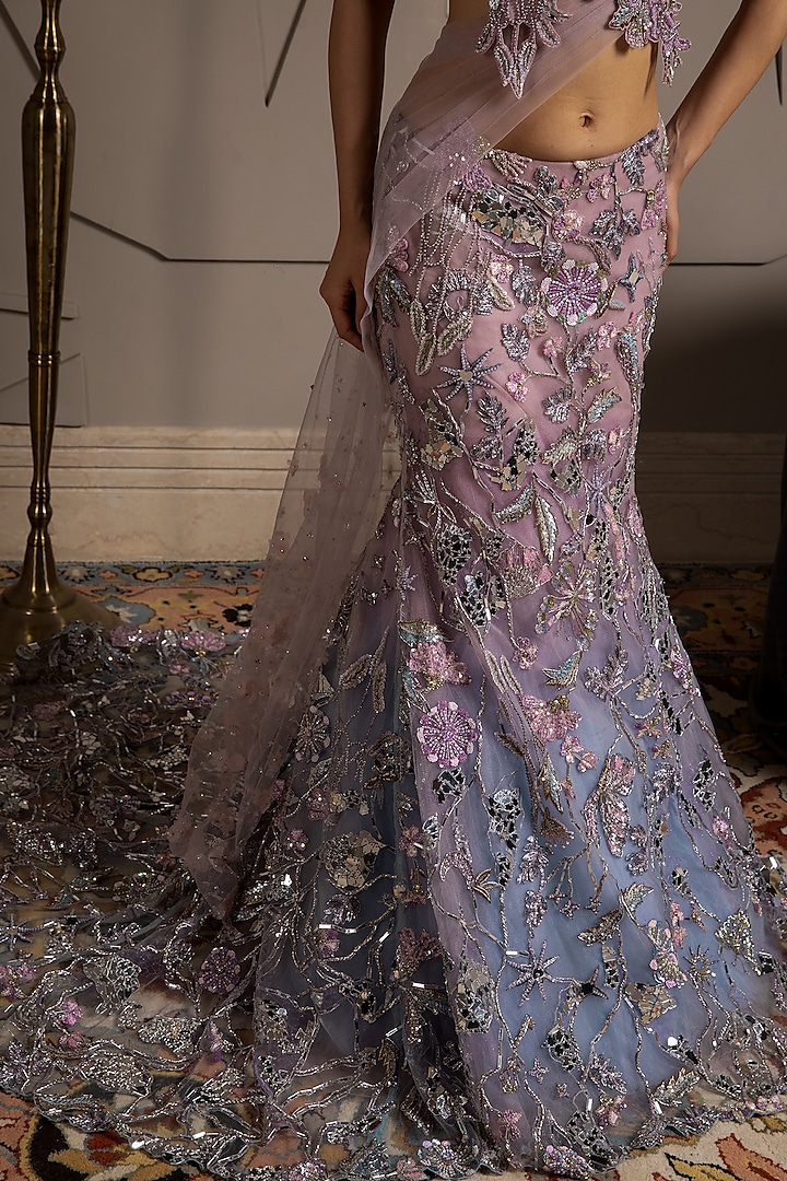Blue & Orchid Tint Shimmer Net Hand Embroidered Bridal Lehenga Set by Moledro at Pernia's Pop Up Shop