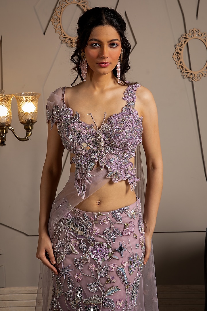 Blue & Orchid Tint Shimmer Net Hand Embroidered Bridal Lehenga Set by Moledro at Pernia's Pop Up Shop