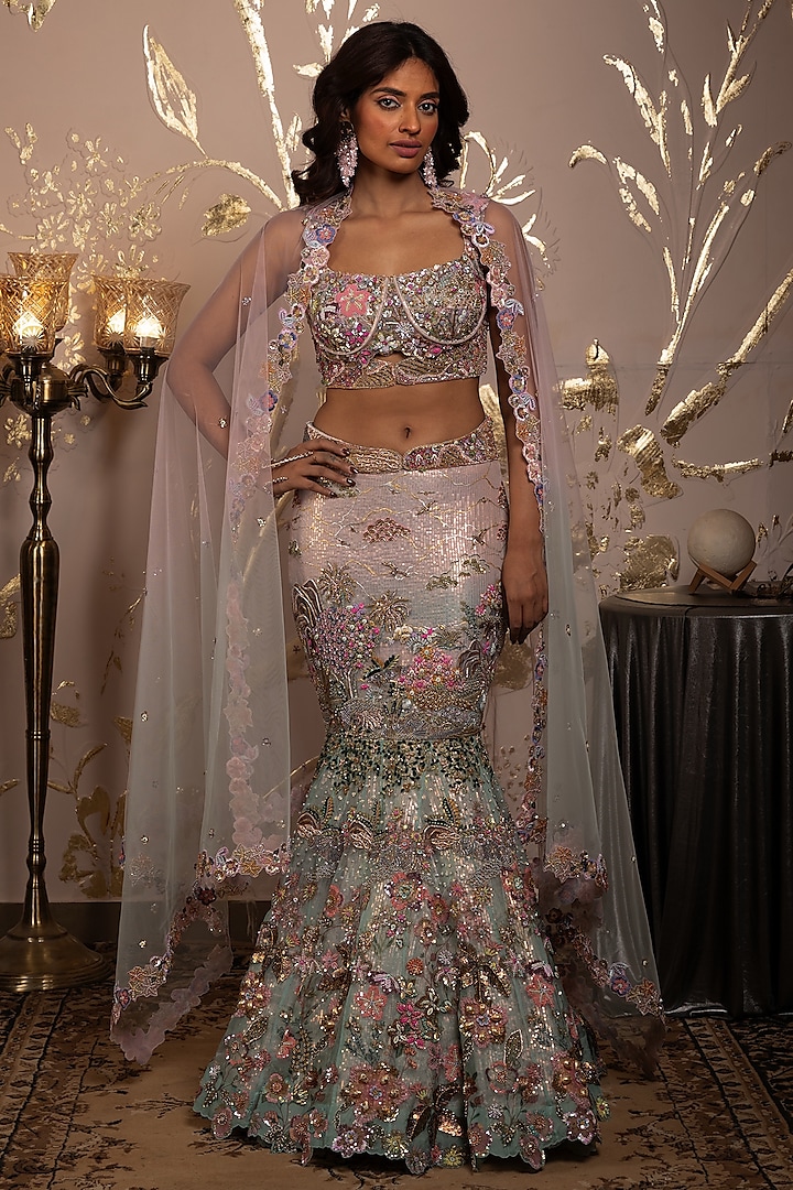 Pink-Blue Ombre Organza Badla Embroidered Mermaid Bridal Lehenga Set  by Moledro at Pernia's Pop Up Shop