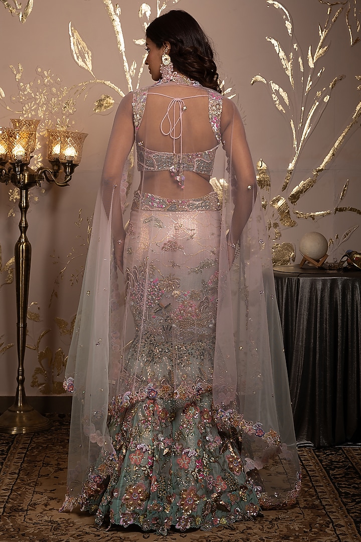 Pink-Blue Ombre Organza Badla Embroidered Mermaid Bridal Lehenga Set by Moledro at Pernia's Pop Up Shop