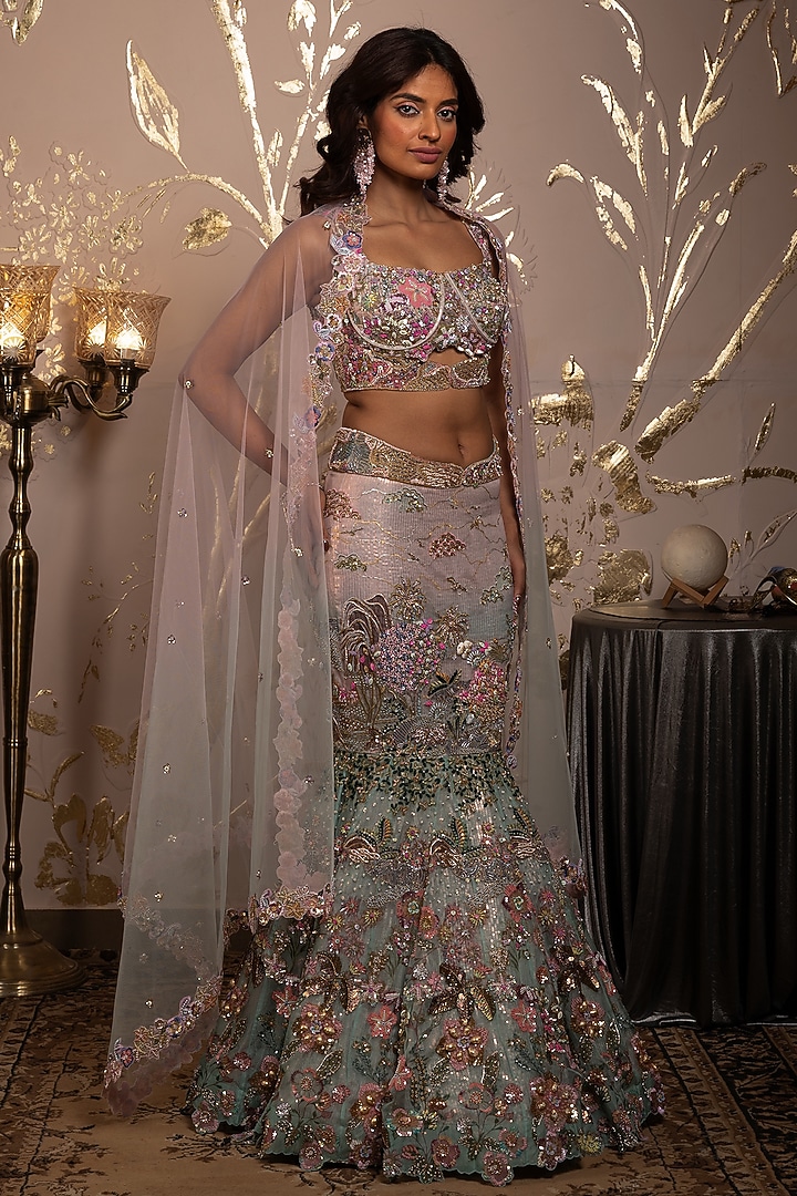 Pink-Blue Ombre Organza Badla Embroidered Mermaid Bridal Lehenga Set by Moledro at Pernia's Pop Up Shop