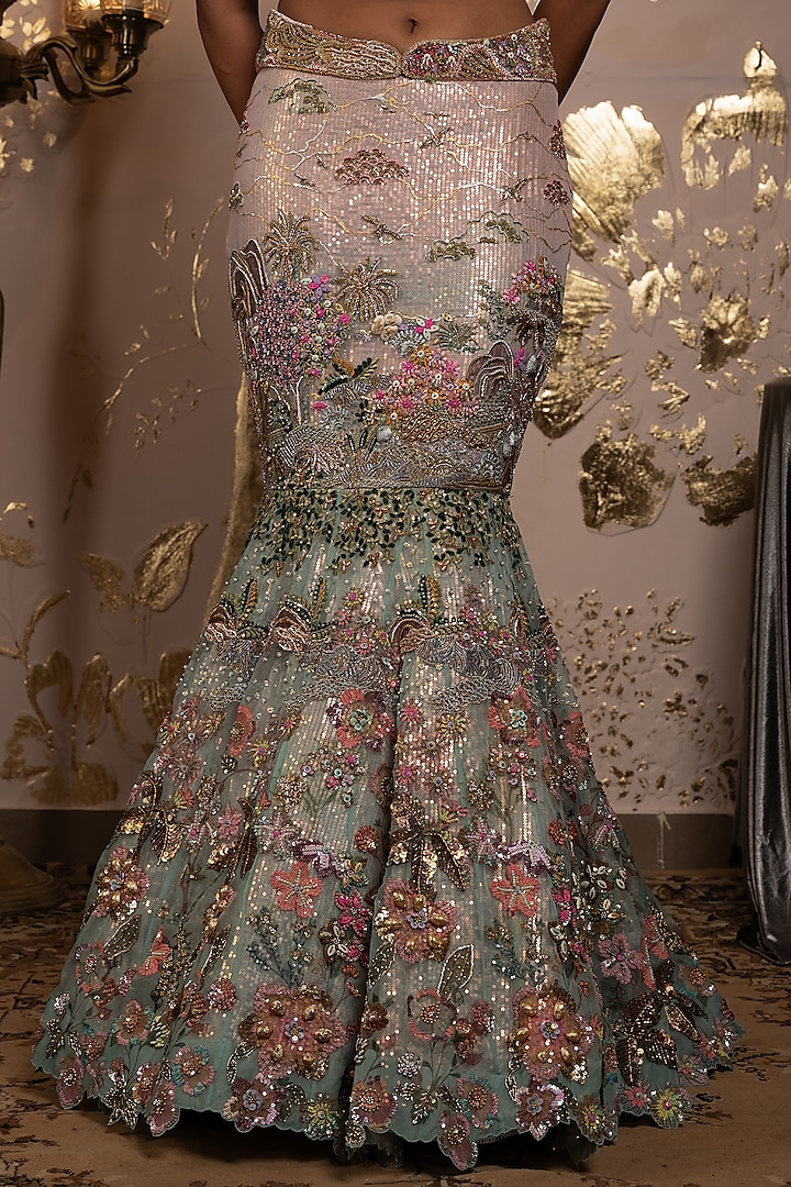 Pink-Blue Ombre Organza Badla Embroidered Mermaid Bridal Lehenga Set by Moledro at Pernia's Pop Up Shop