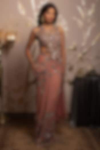 Rose-Colored Georgette Hand Embroidered Pre-Draped Reception Lehenga Saree Set by Moledro at Pernia's Pop Up Shop