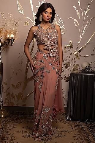 Rose-Colored Georgette Hand Embroidered Pre-Draped Lehenga Saree Set by Moledro