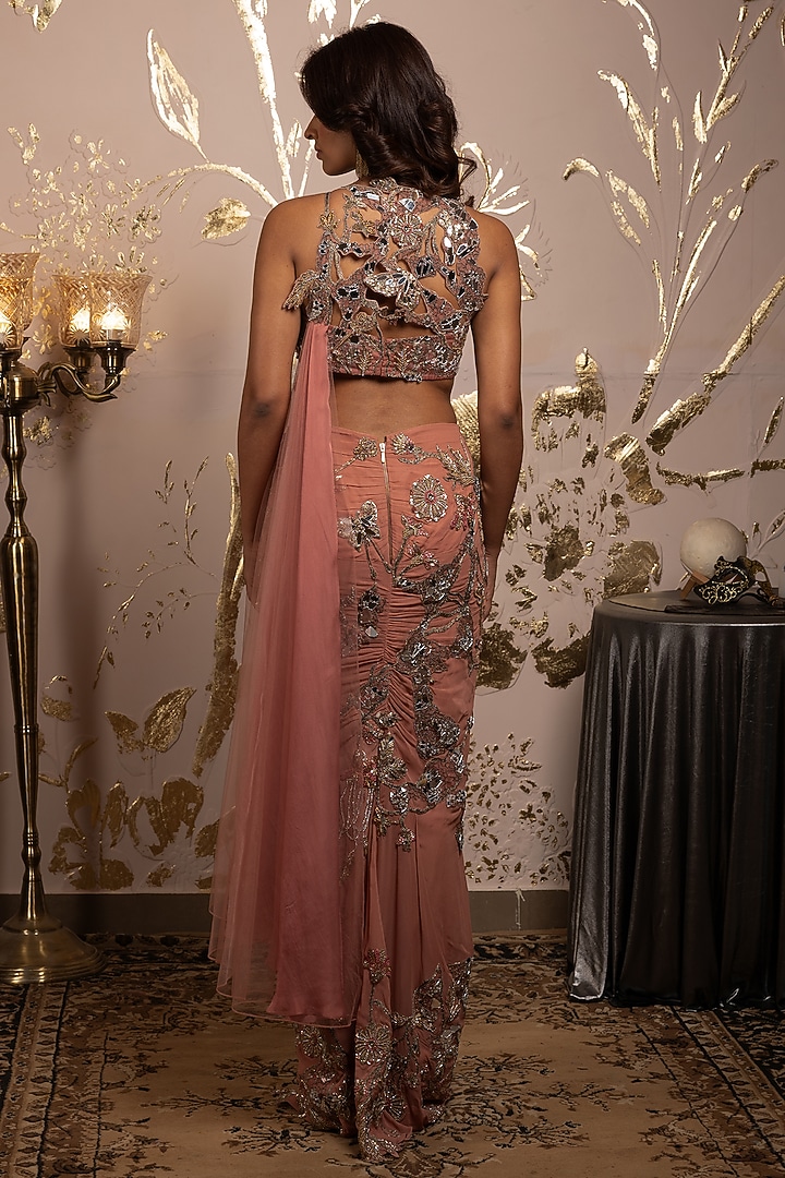 Rose-Colored Georgette Hand Embroidered Pre-Draped Reception Lehenga Saree Set by Moledro at Pernia's Pop Up Shop