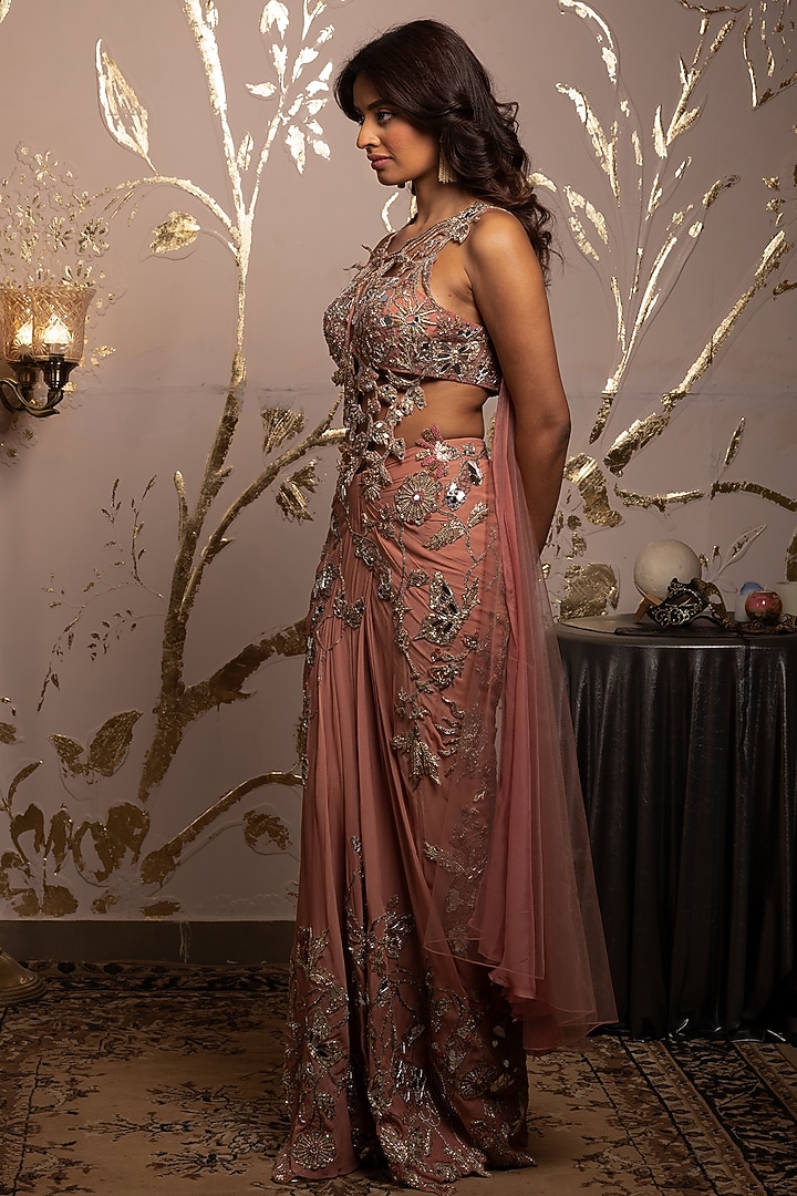 Rose-Colored Georgette Hand Embroidered Pre-Draped Reception Lehenga Saree Set by Moledro at Pernia's Pop Up Shop
