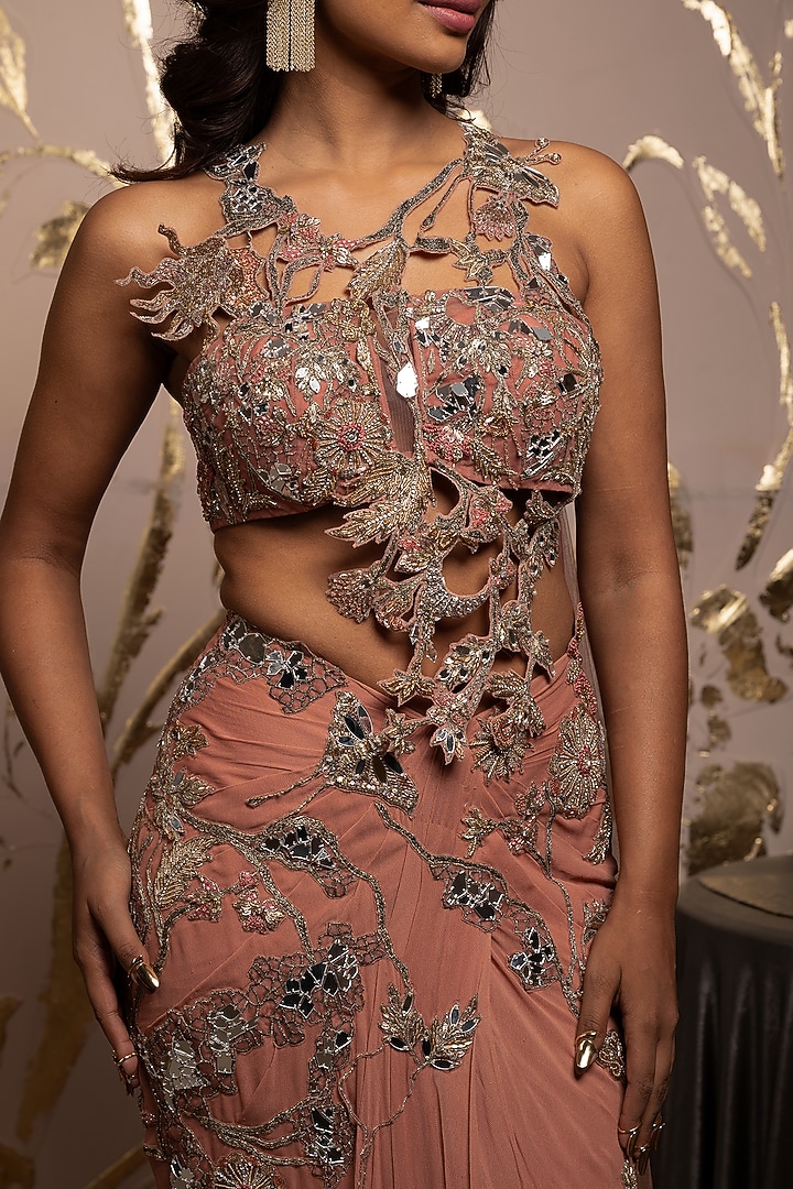Rose-Colored Georgette Hand Embroidered Pre-Draped Reception Lehenga Saree Set by Moledro at Pernia's Pop Up Shop