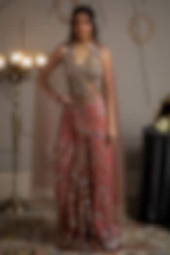 Taupe & Evening-Rose Colored Hand Embroidered Modal Satin Co-Ord Set by Moledro at Pernia's Pop Up Shop