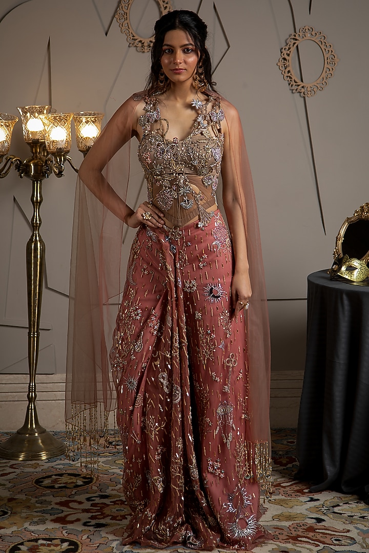 Taupe & Evening-Rose Colored Hand Embroidered Modal Satin Co-Ord Set by Moledro at Pernia's Pop Up Shop