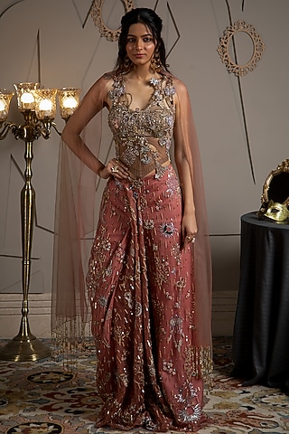 Taupe & Evening-Rose Colored Hand Embroidered Modal Satin Co-Ord Set by Moledro