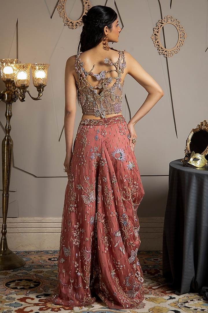 Taupe & Evening-Rose Colored Hand Embroidered Modal Satin Co-Ord Set by Moledro at Pernia's Pop Up Shop