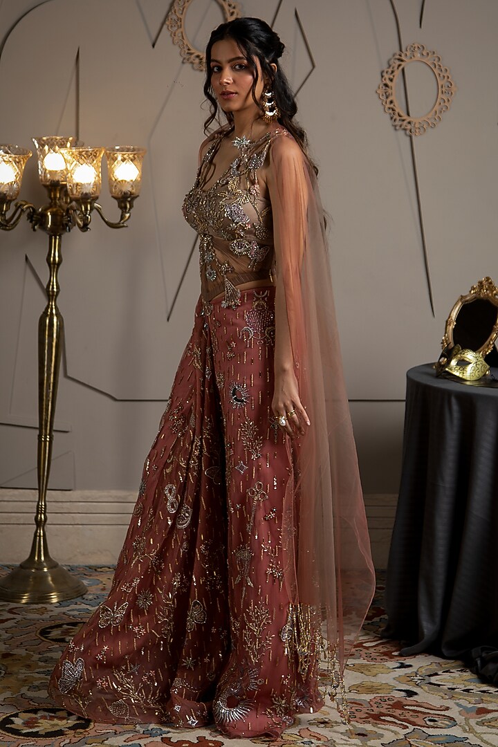 Taupe & Evening-Rose Colored Hand Embroidered Modal Satin Co-Ord Set by Moledro at Pernia's Pop Up Shop