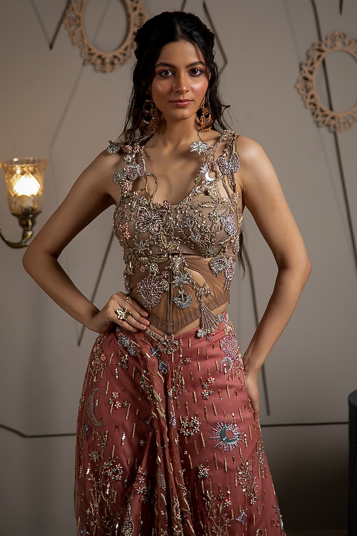 Taupe & Evening-Rose Colored Hand Embroidered Modal Satin Co-Ord Set by Moledro at Pernia's Pop Up Shop