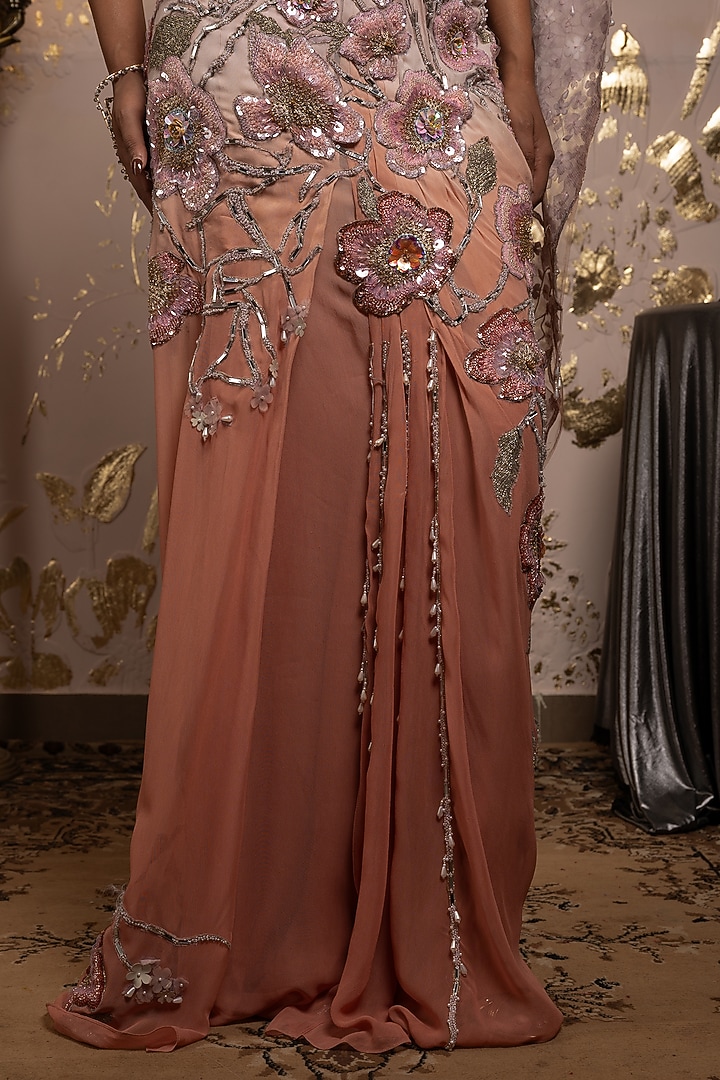 Rose-Pink Georgette & Shimmer Net Motif Embellished Pre-Draped Reception Saree Set by Moledro at Pernia's Pop Up Shop