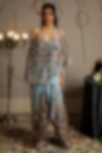 Blue & Taupe Shimmer Organza Floral Embroidered Cape Set by Moledro at Pernia's Pop Up Shop