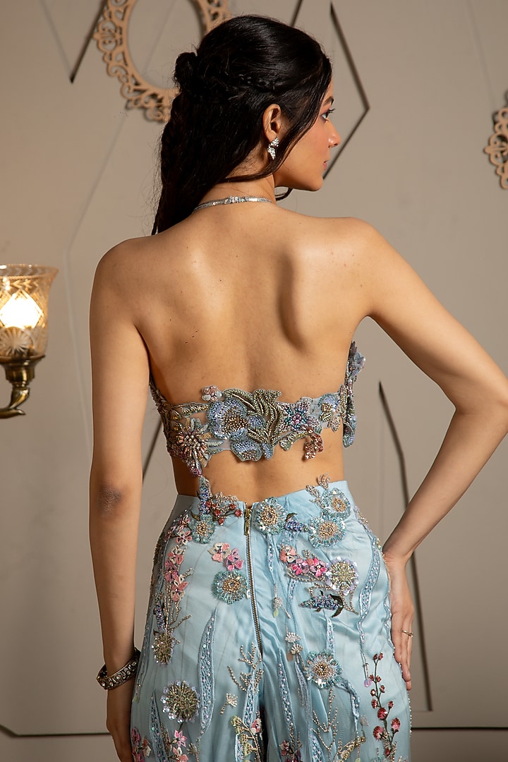 Blue & Taupe Shimmer Organza Floral Embroidered Cape Set by Moledro at Pernia's Pop Up Shop